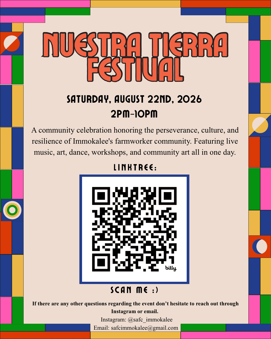 Nuestra Tierra Festival: A community celebration honoring the perseverance, culture, and resilience of Immokalee's farmworker community. Featuring live music, art, dance, workshops, and community art all in one day.